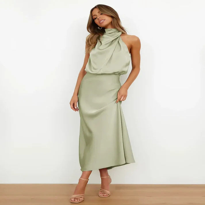 Sleeveless Midi Dress with High Neck and Defined Waist - Cotton Blend