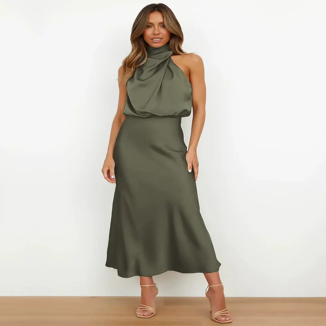 Sleeveless Midi Dress with High Neck and Defined Waist - Cotton Blend