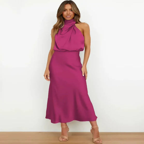 Sleeveless Midi Dress with High Neck and Defined Waist - Cotton Blend