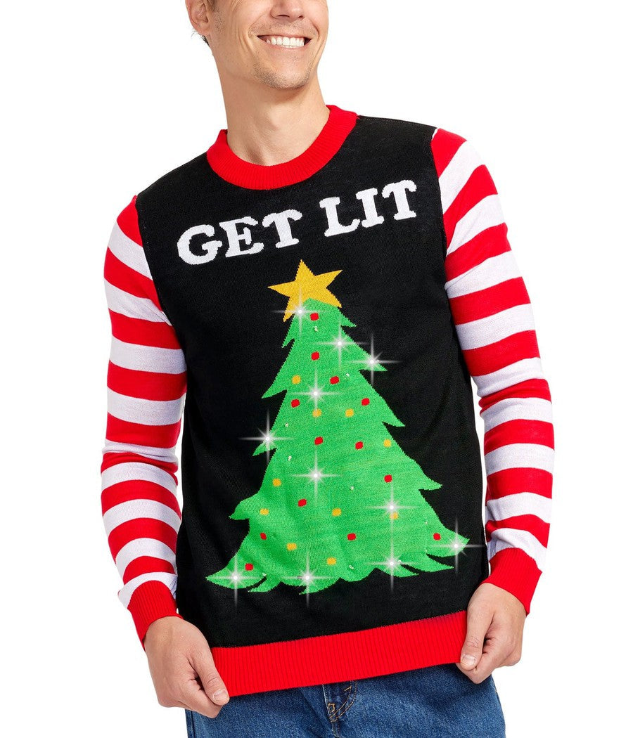 Mens Light Up Christmas Sweater with Battery Powered Tree Design and Candy Cane Stripes
