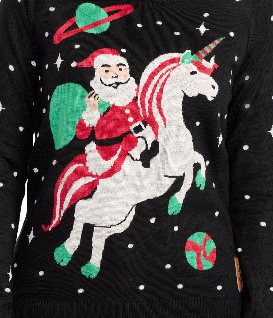 Womens Santa Unicorn Pullover with Crew Neck and Ribbed Cuffs