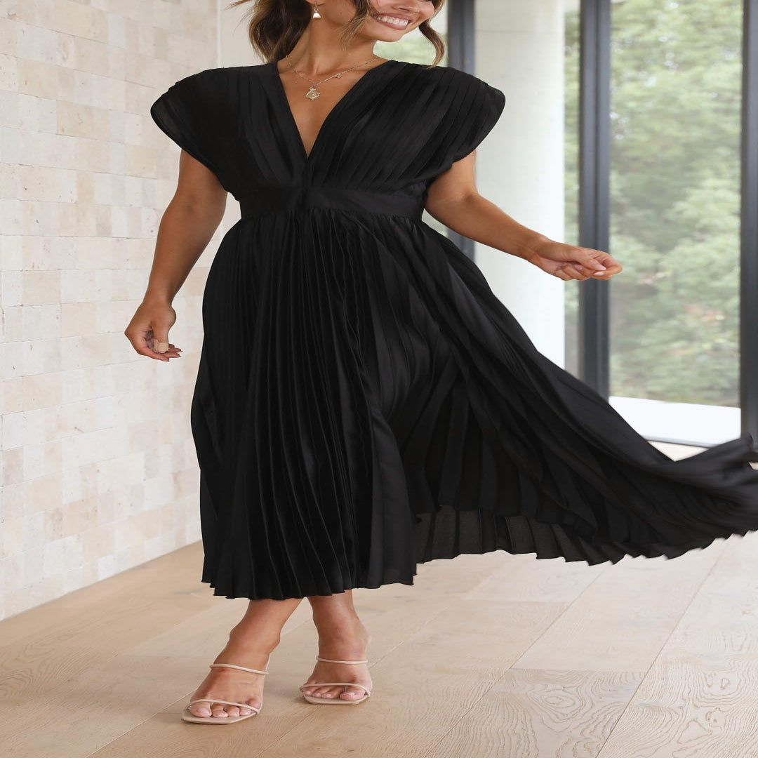 Pleated Maxi Dress with Draped V-Neck and High Waist-Lightweight Breathable Fabric