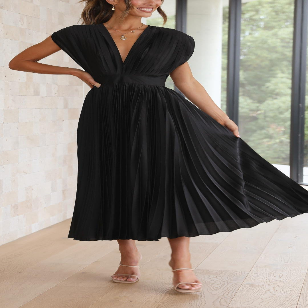 Pleated Maxi Dress with Draped V-Neck and High Waist-Lightweight Breathable Fabric