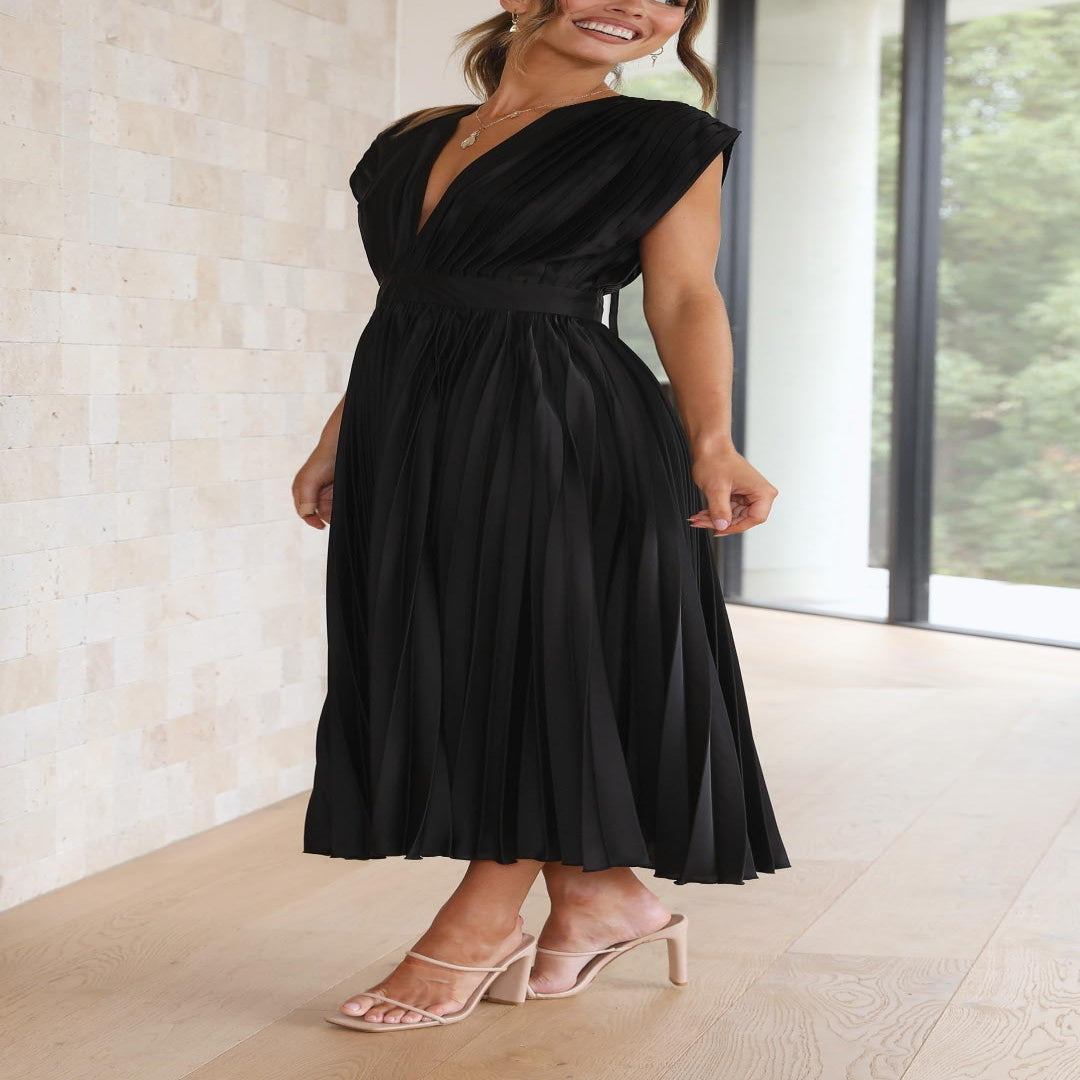 Pleated Maxi Dress with Draped V-Neck and High Waist-Lightweight Breathable Fabric