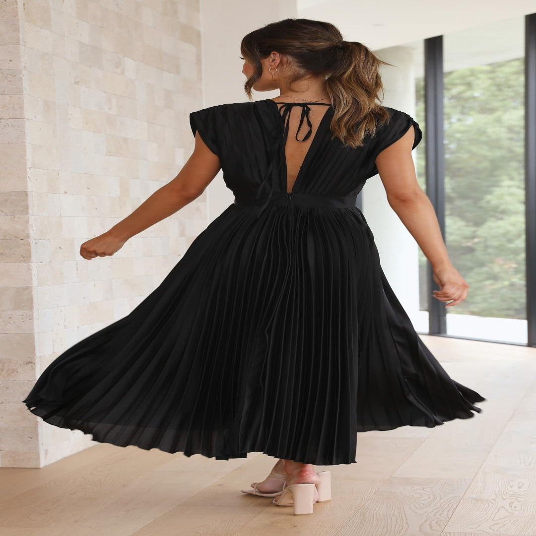 Pleated Maxi Dress with Draped V-Neck and High Waist-Lightweight Breathable Fabric