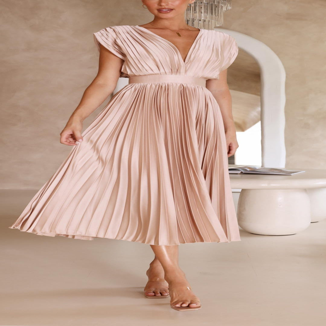 Pleated Maxi Dress with Draped V-Neck and High Waist-Lightweight Breathable Fabric
