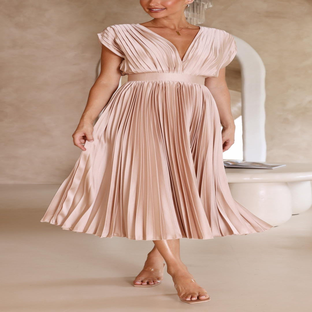 Pleated Maxi Dress with Draped V-Neck and High Waist-Lightweight Breathable Fabric