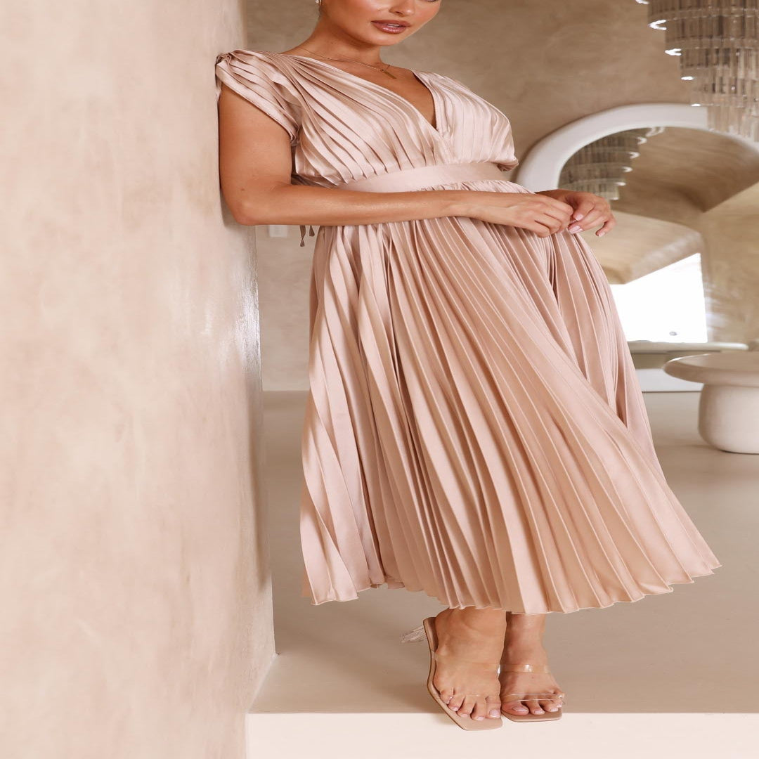 Pleated Maxi Dress with Draped V-Neck and High Waist-Lightweight Breathable Fabric