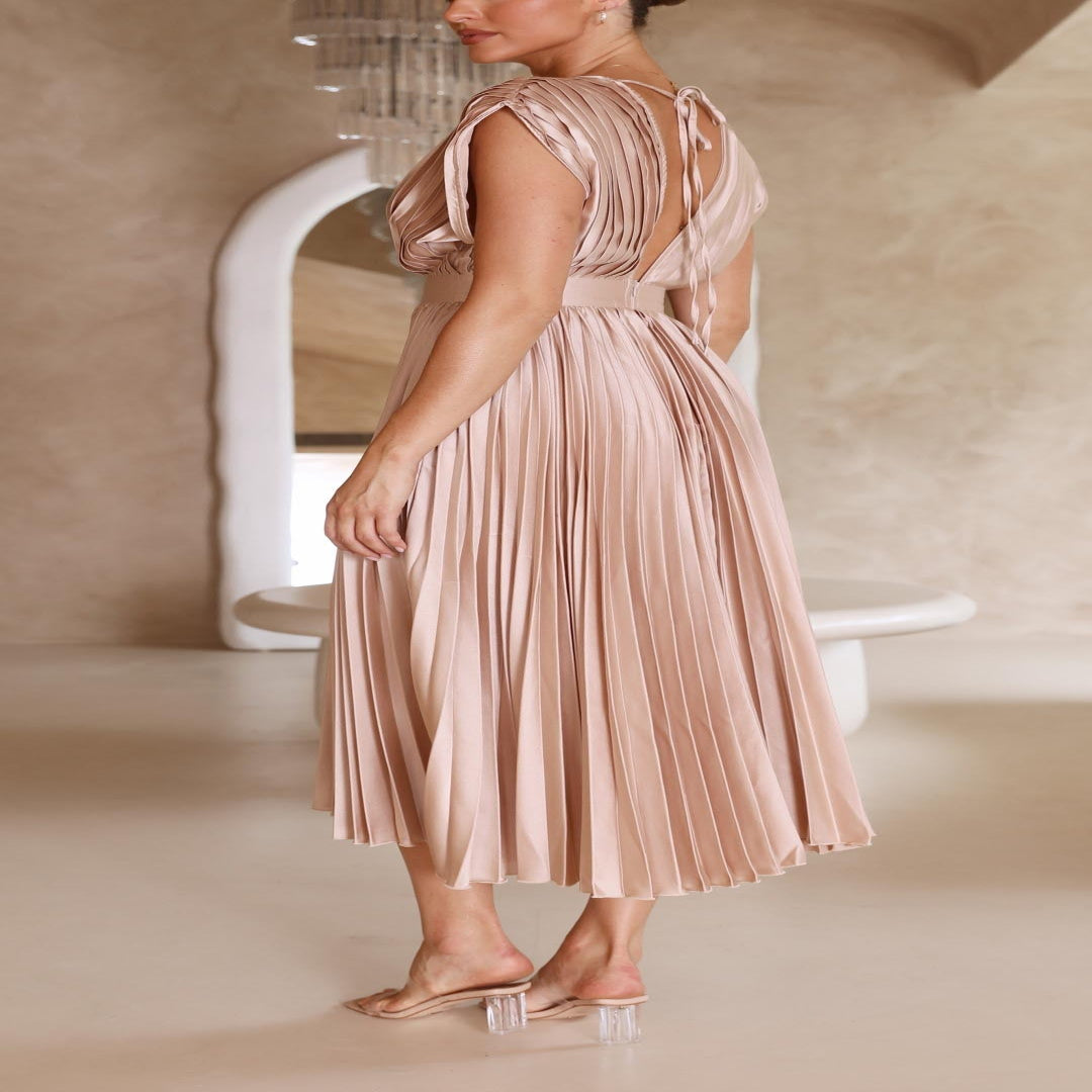 Pleated Maxi Dress with Draped V-Neck and High Waist-Lightweight Breathable Fabric