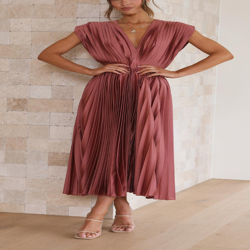 Pleated Maxi Dress with Draped V-Neck and High Waist-Lightweight Breathable Fabric
