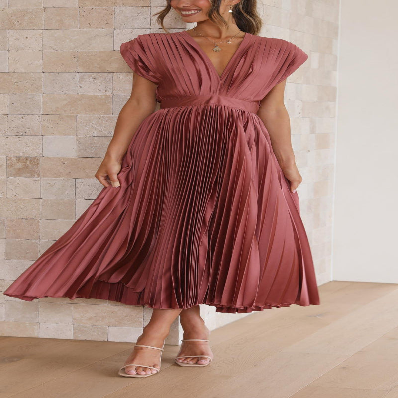 Pleated Maxi Dress with Draped V-Neck and High Waist-Lightweight Breathable Fabric