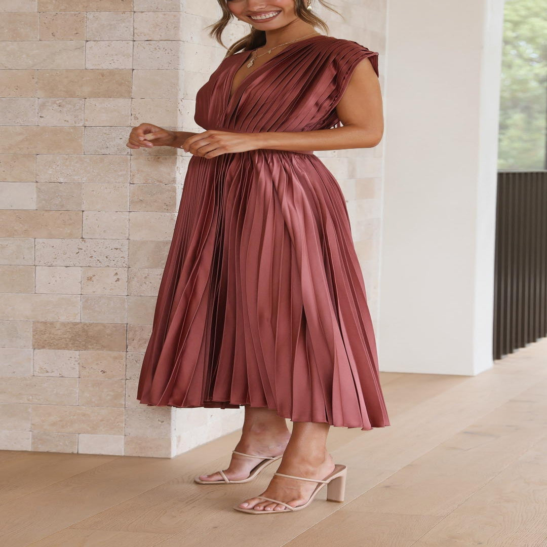 Pleated Maxi Dress with Draped V-Neck and High Waist-Lightweight Breathable Fabric