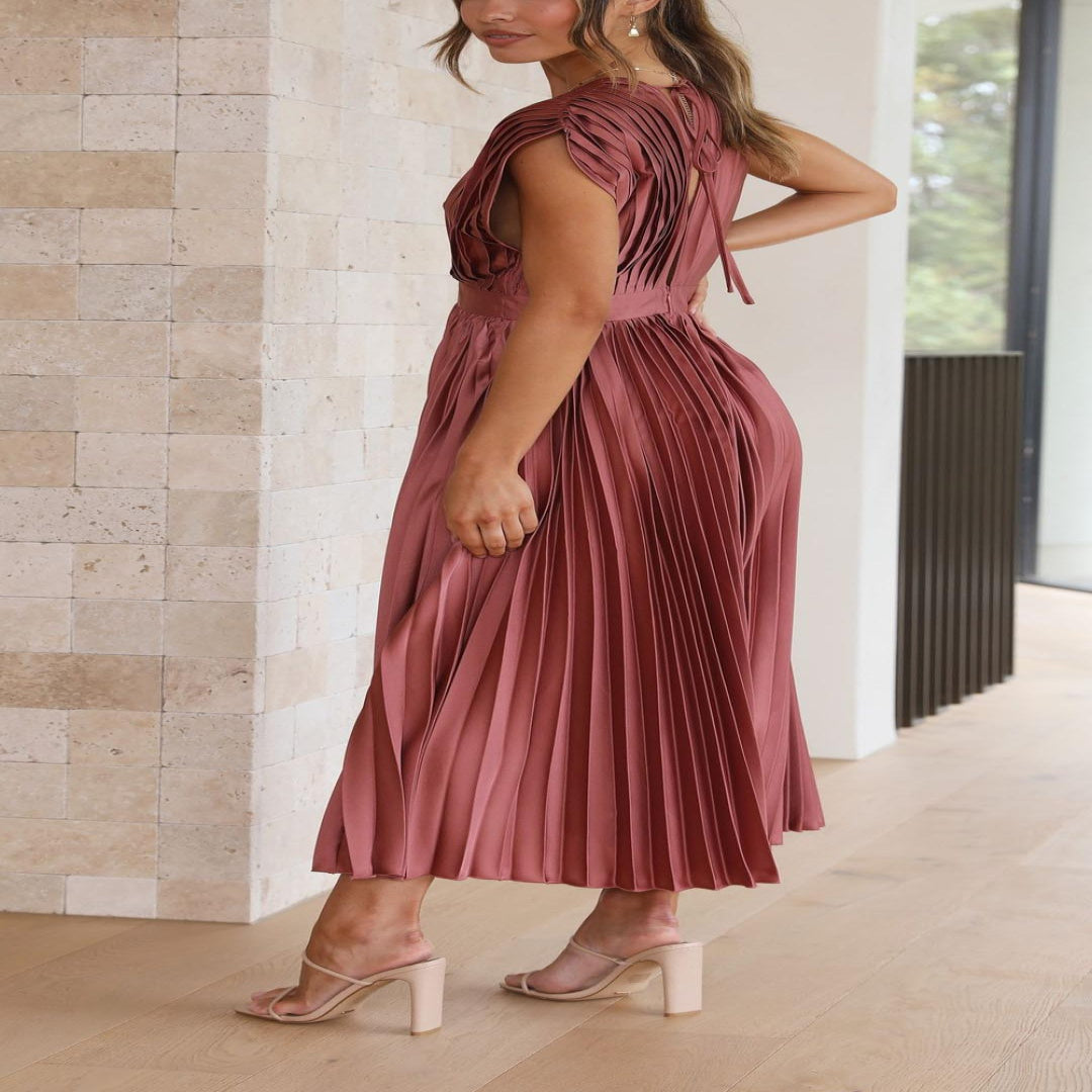 Pleated Maxi Dress with Draped V-Neck and High Waist-Lightweight Breathable Fabric