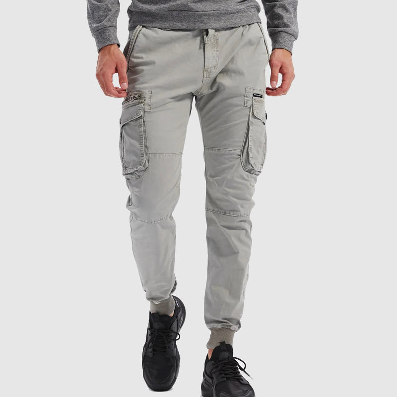 Mens Cargo Jogger Pants with Elastic Waistband and Cuffed Ankles, Multiple Cargo Pockets