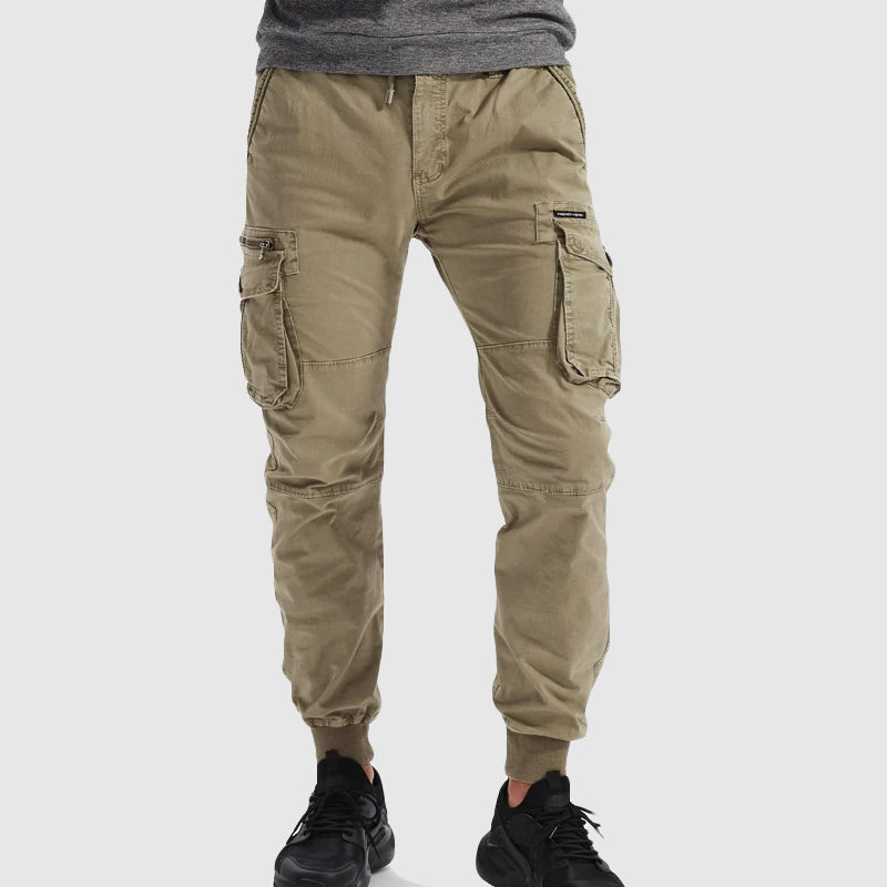 Mens Cargo Jogger Pants with Elastic Waistband and Cuffed Ankles, Multiple Cargo Pockets