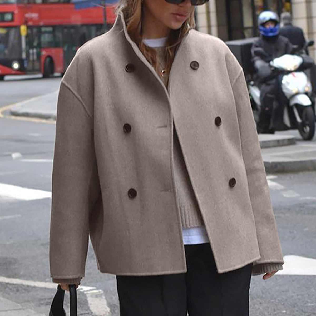 Womens Double-Breasted Coat with Tailored Fit and Soft Woven Fabric, Mid-Thigh Length