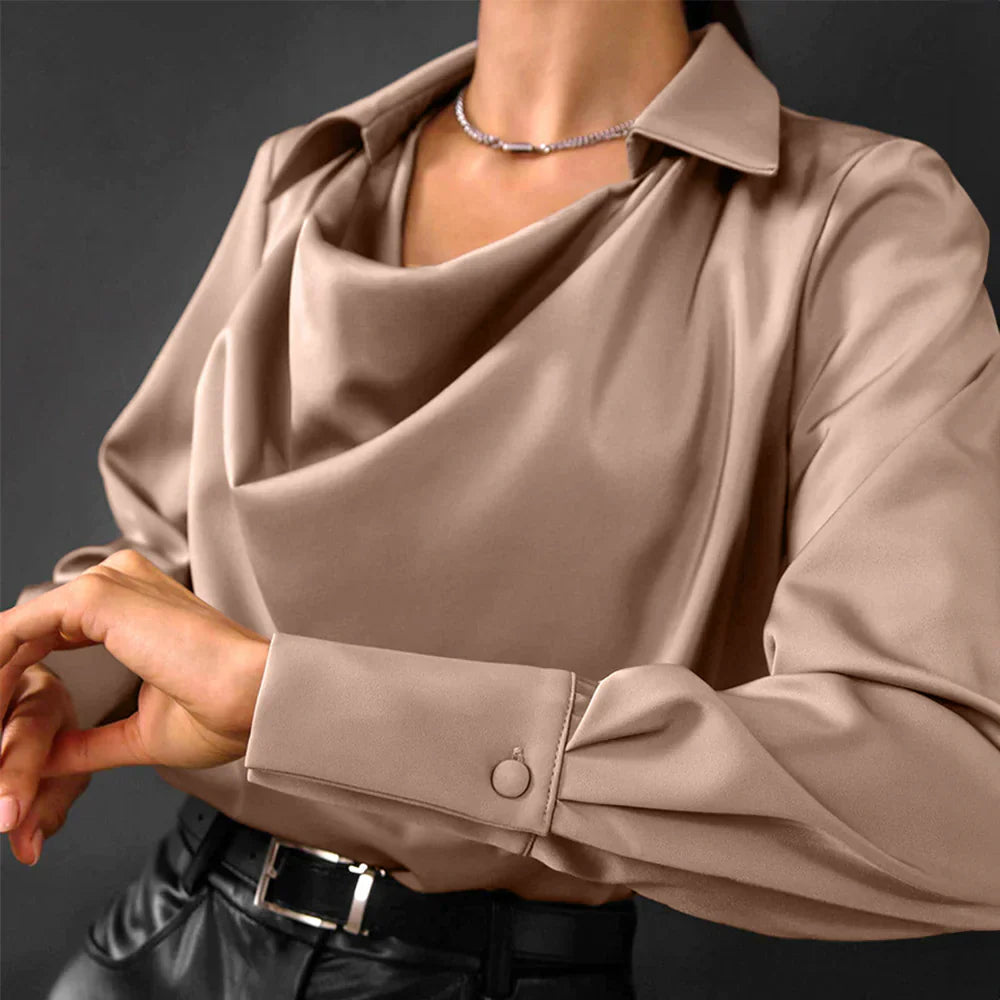 Womens Satin Blouse with Draped Neck and Long Sleeves, Tailored Regular Fit