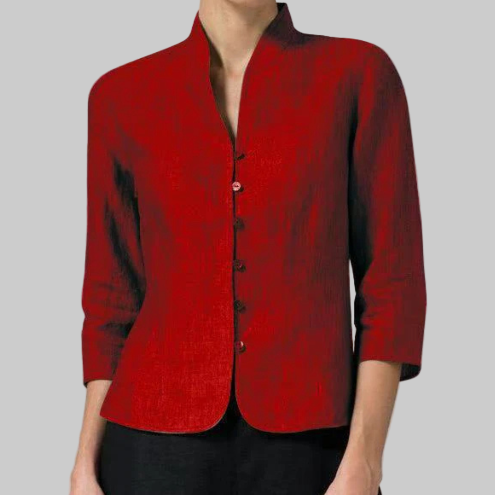 Womens Chambray Blouse with Stand Collar and Three Quarter Sleeves, Button Front