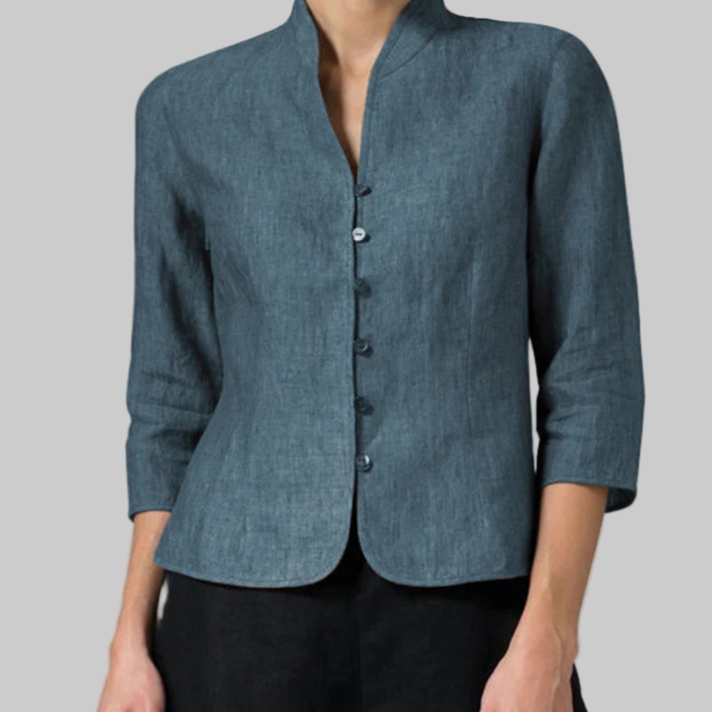 Womens Chambray Blouse with Stand Collar and Three Quarter Sleeves, Button Front