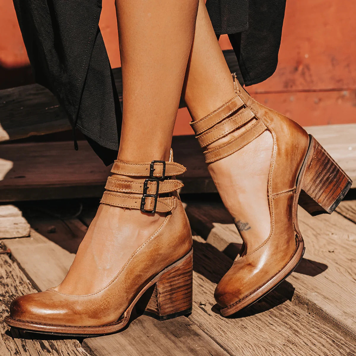 Ankle Strap Heels with Adjustable Strap and Block Heel - Cushioned Footbed