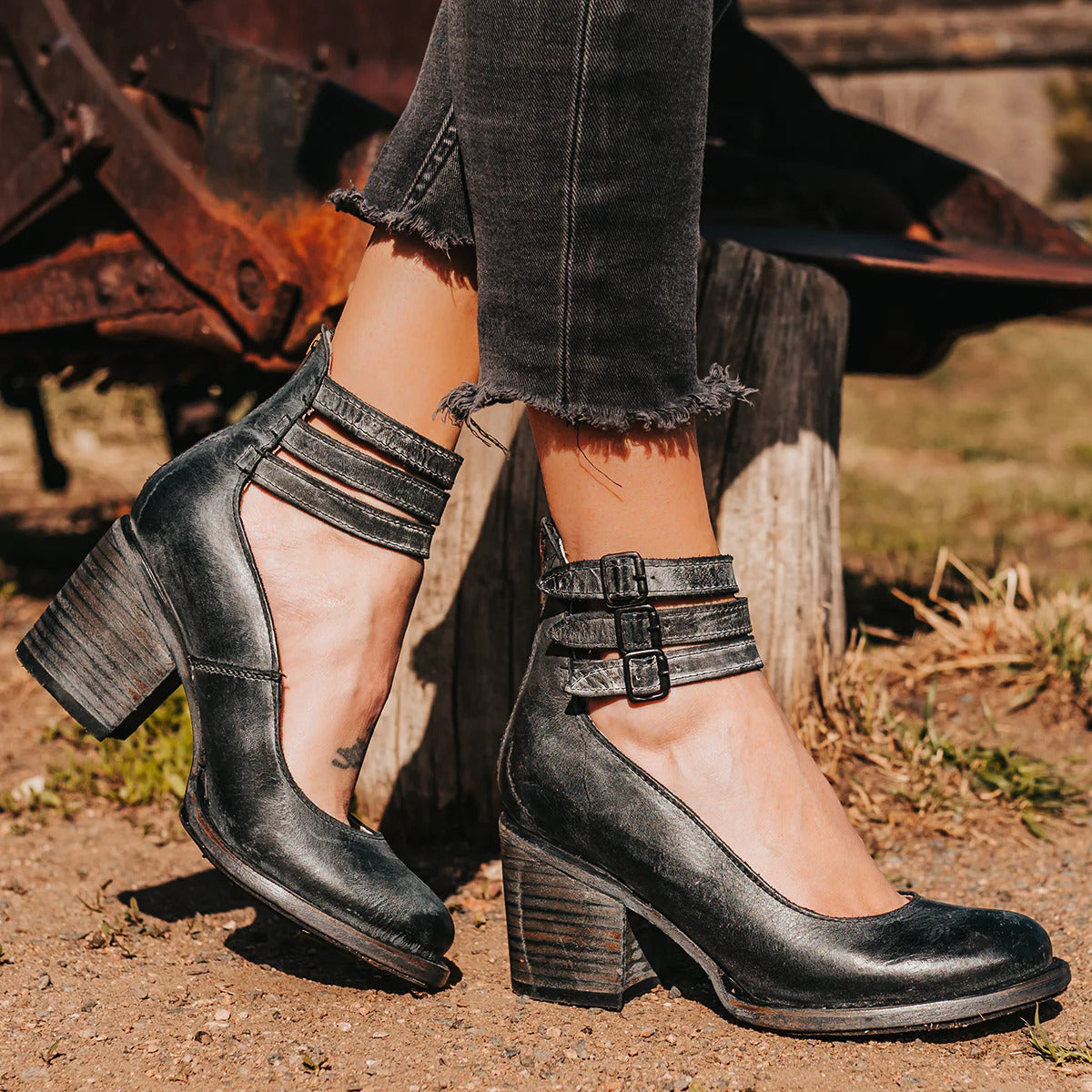 Ankle Strap Heels with Adjustable Strap and Block Heel - Cushioned Footbed