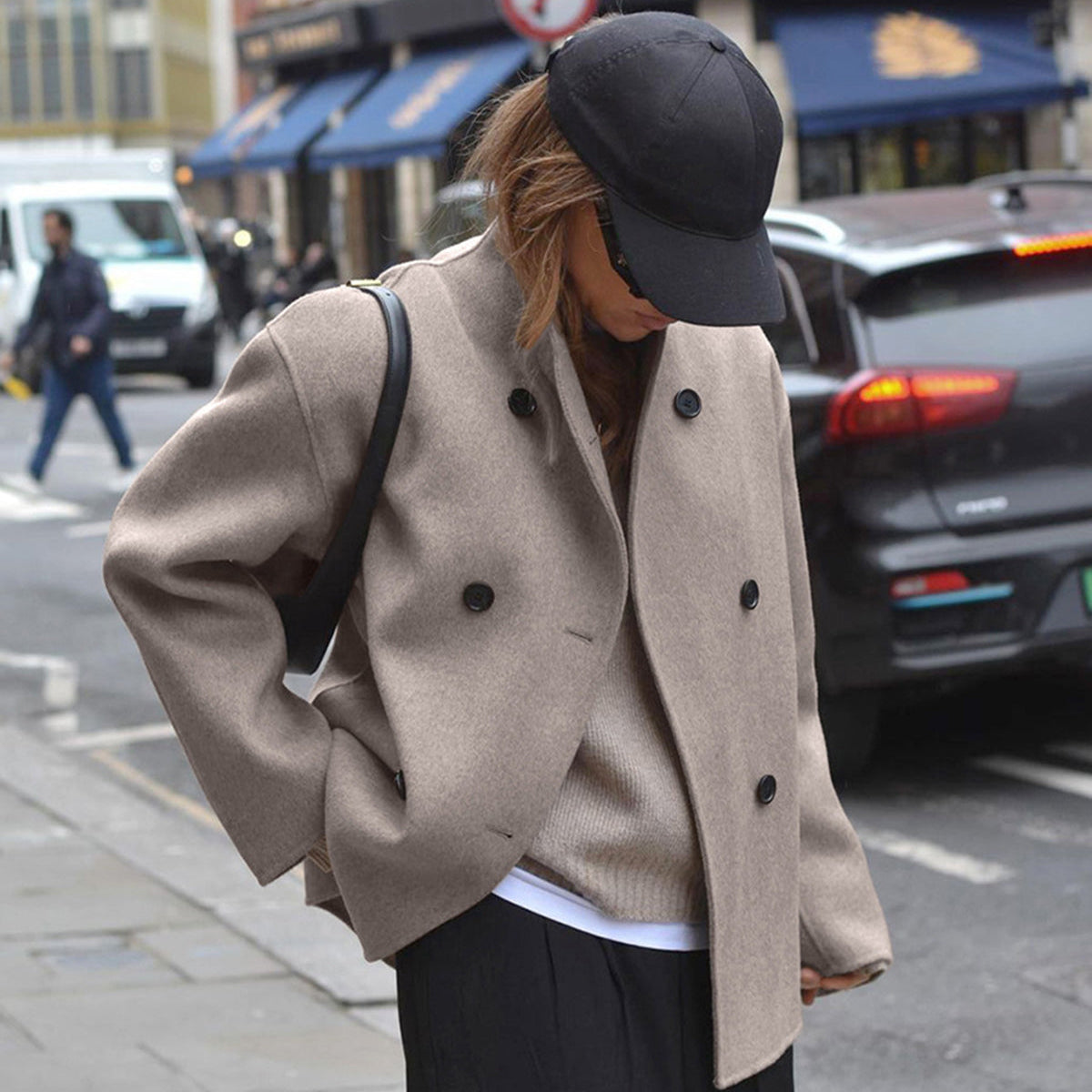 Womens Double-Breasted Coat with Tailored Fit and Soft Woven Fabric, Mid-Thigh Length