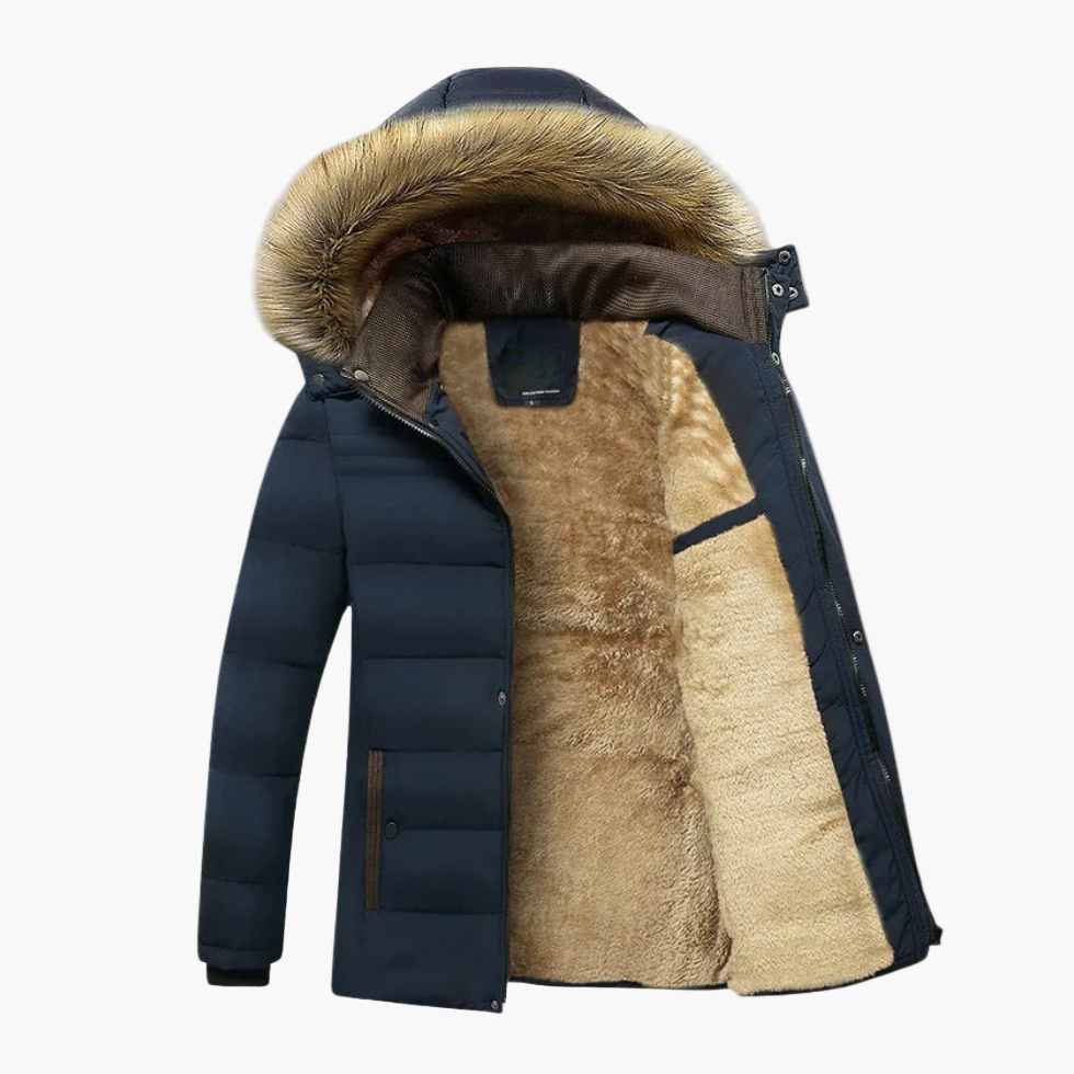 Mens Fur-Lined Winter Jacket with Detachable Hood and Weather-Resistant Shell