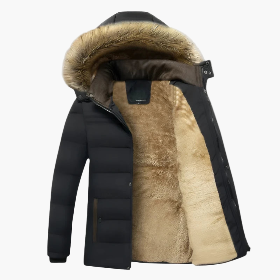 Mens Fur-Lined Winter Jacket with Detachable Hood and Weather-Resistant Shell