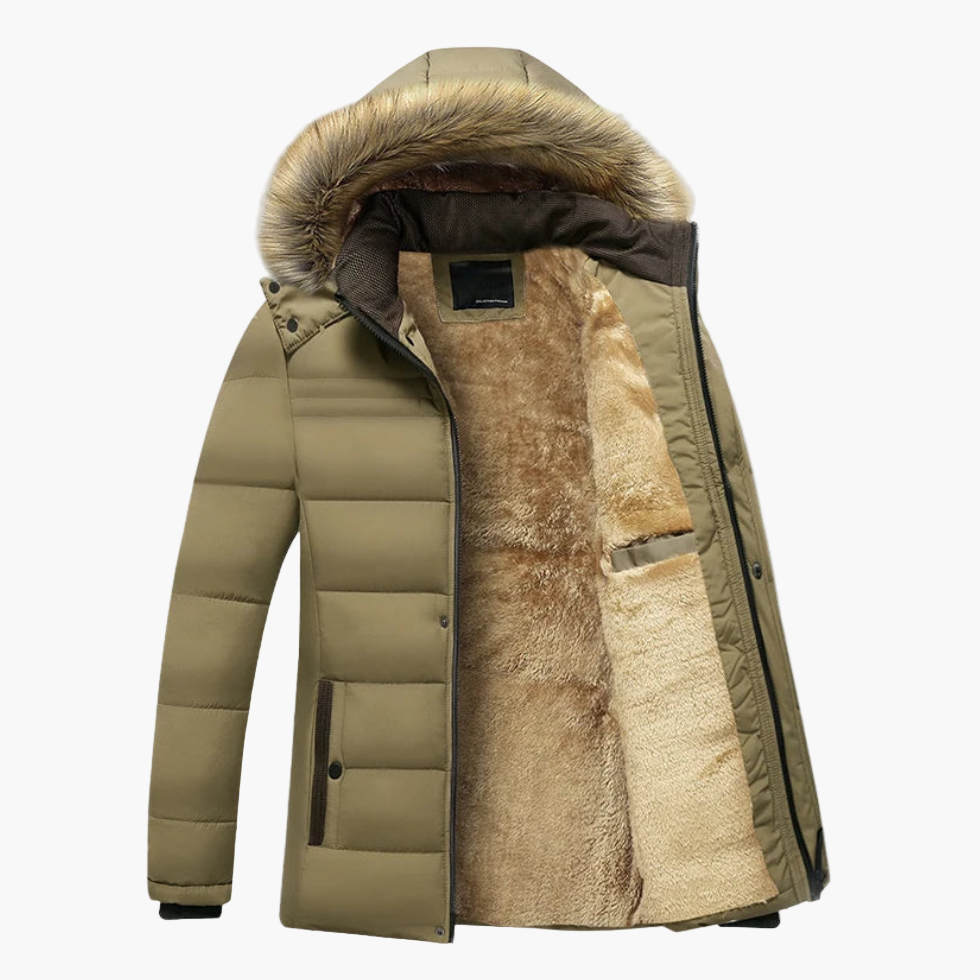 Mens Fur-Lined Winter Jacket with Detachable Hood and Weather-Resistant Shell