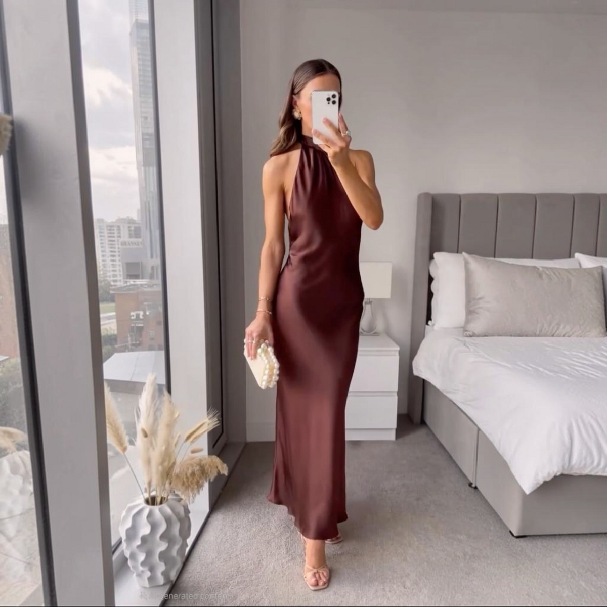 Velvet Halter Midi Dress in Mocha with Tie Closure for Evening Events