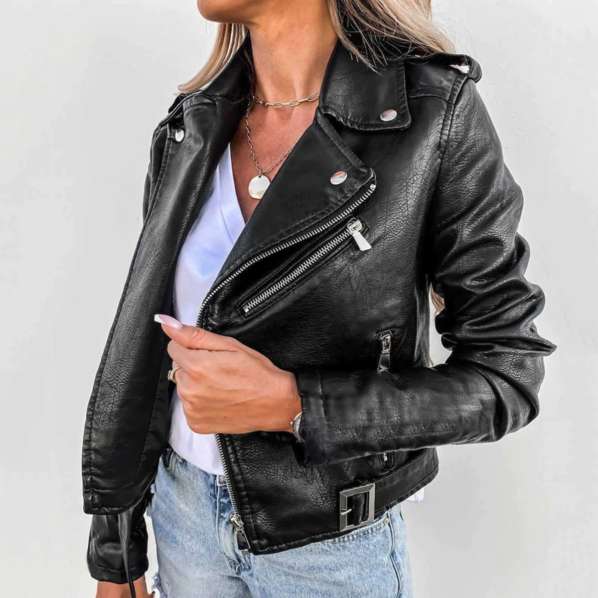 Womens Faux Leather Biker Jacket with Asymmetric Zipper and Zip Pockets, Tailored Fit
