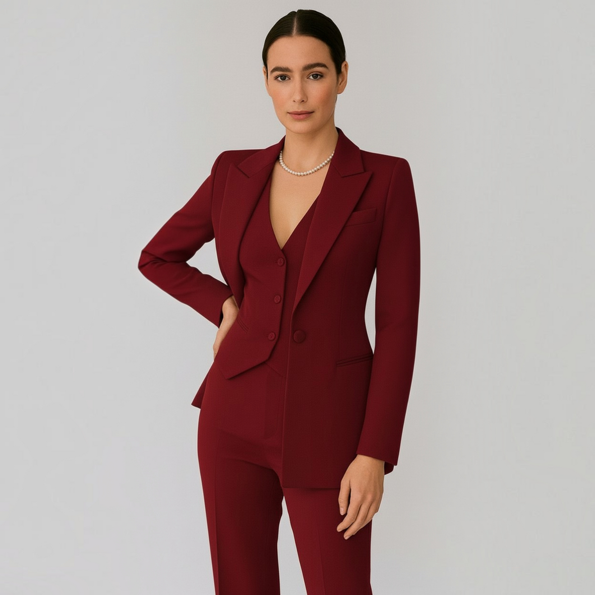 Womens Suit Set with Slim-Fit Trousers and Structured Blazer, Fitted Vest
