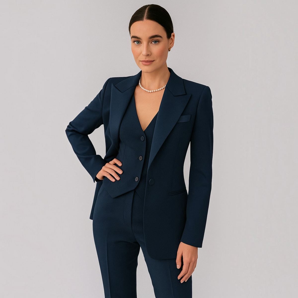 Womens Suit Set with Slim-Fit Trousers and Structured Blazer, Fitted Vest