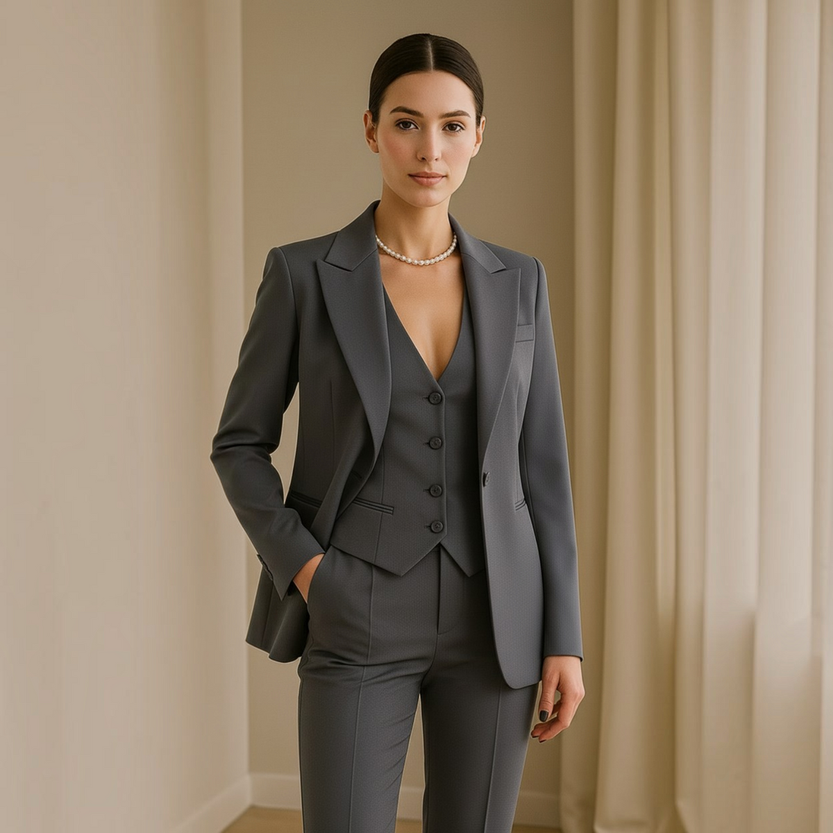 Womens Suit Set with Slim-Fit Trousers and Structured Blazer, Fitted Vest