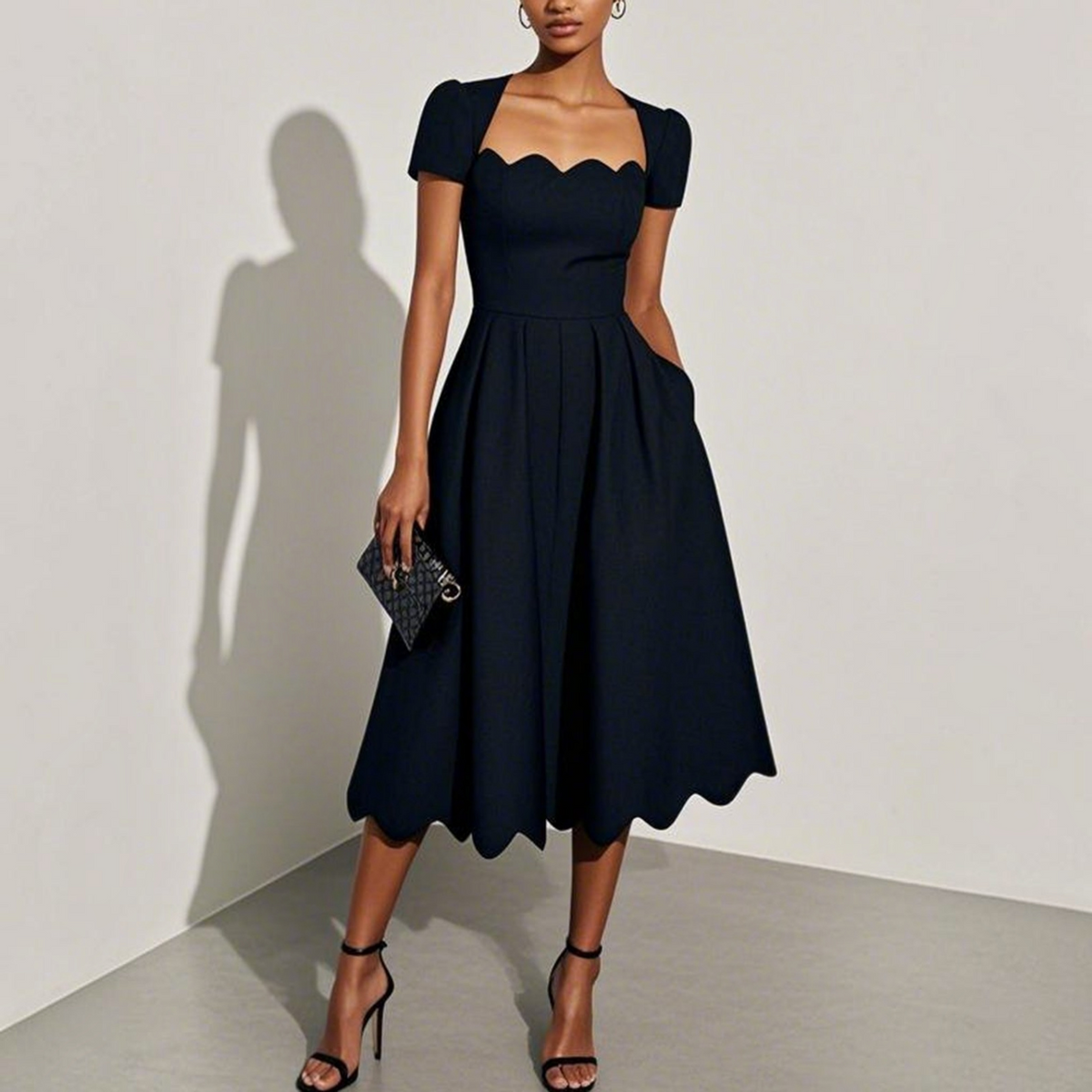 Black Midi Dress with Scalloped Neckline and Semi-Fitted Silhouette, Soft Stretch Blend
