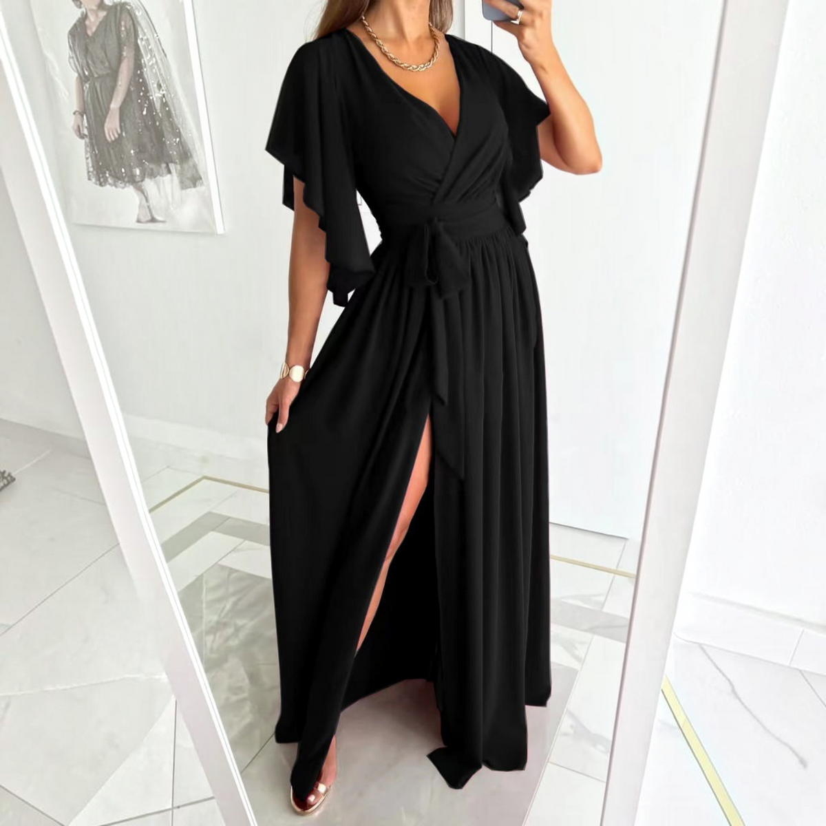 Wrap Maxi Dress with Flutter Sleeves and Adjustable Tie, Lightweight Crepe Floor Length