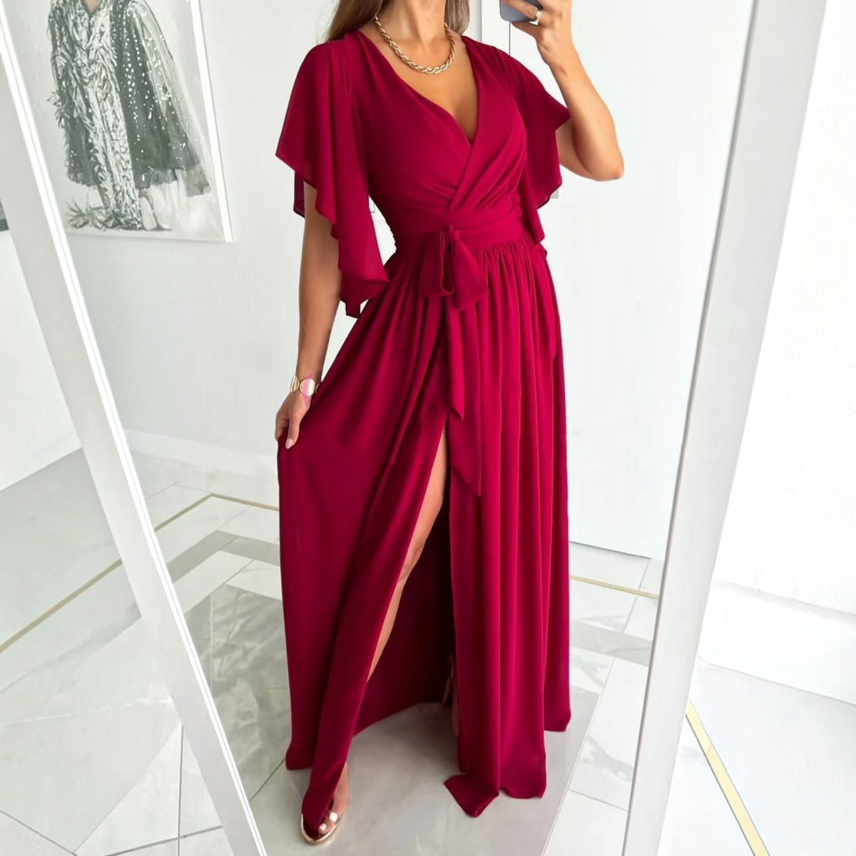 Wrap Maxi Dress with Flutter Sleeves and Adjustable Tie, Lightweight Crepe Floor Length