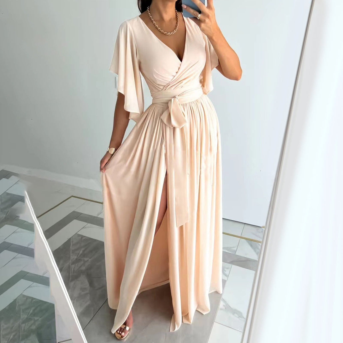 Wrap Maxi Dress with Flutter Sleeves and Adjustable Tie, Lightweight Crepe Floor Length