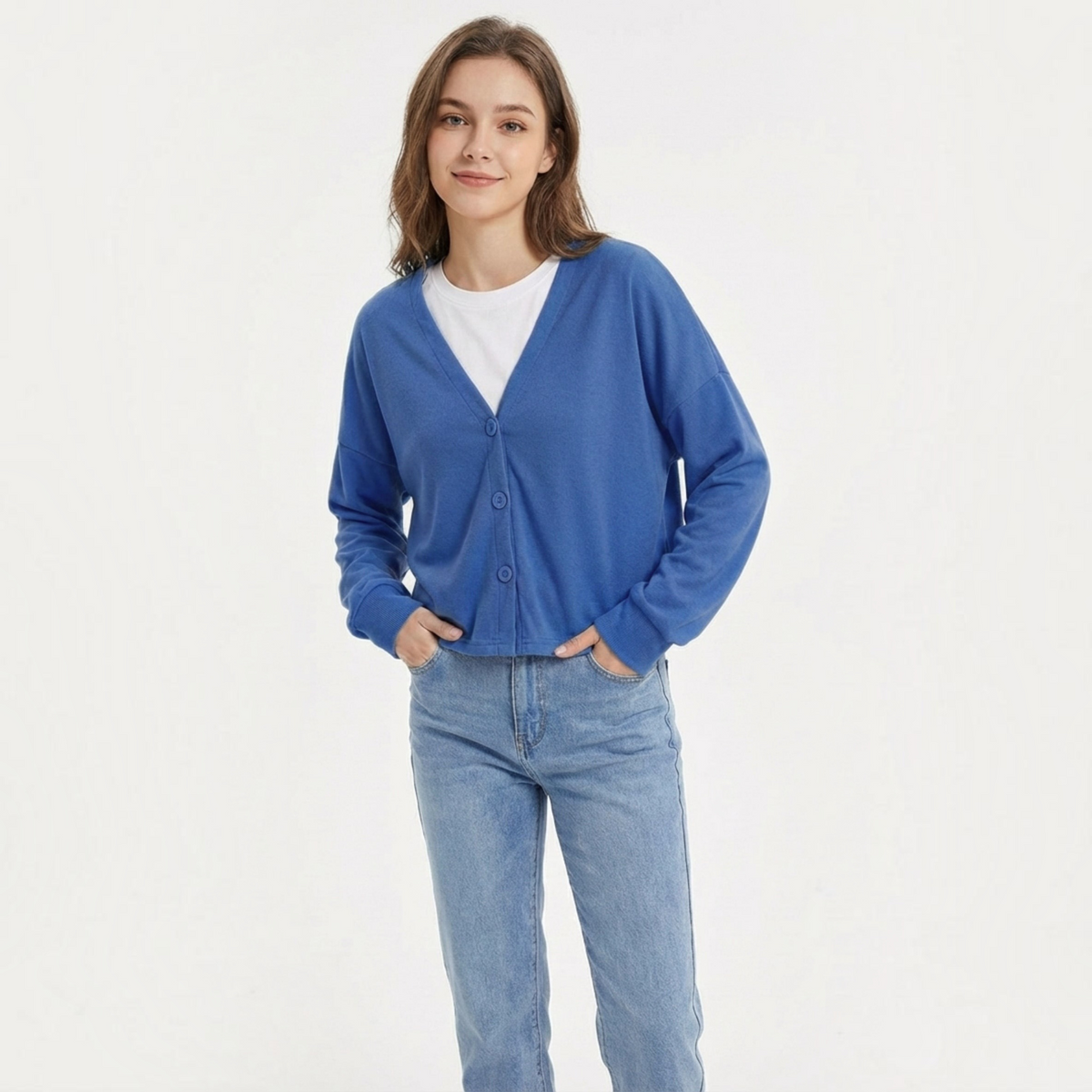 Button-Front Cardigan with Textured Knit and Relaxed Fit, Hip-Length Long Sleeve
