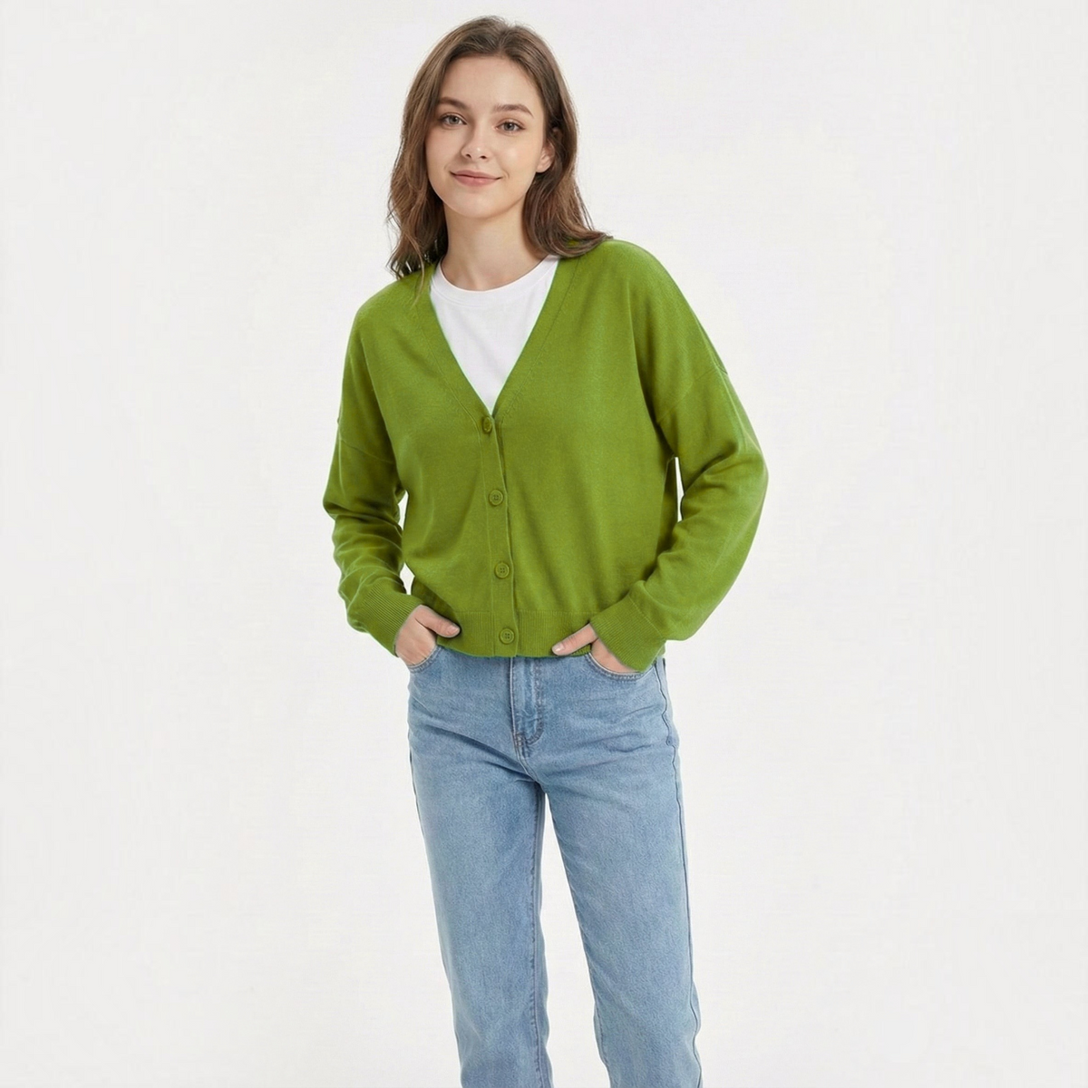 Button-Front Cardigan with Textured Knit and Relaxed Fit, Hip-Length Long Sleeve