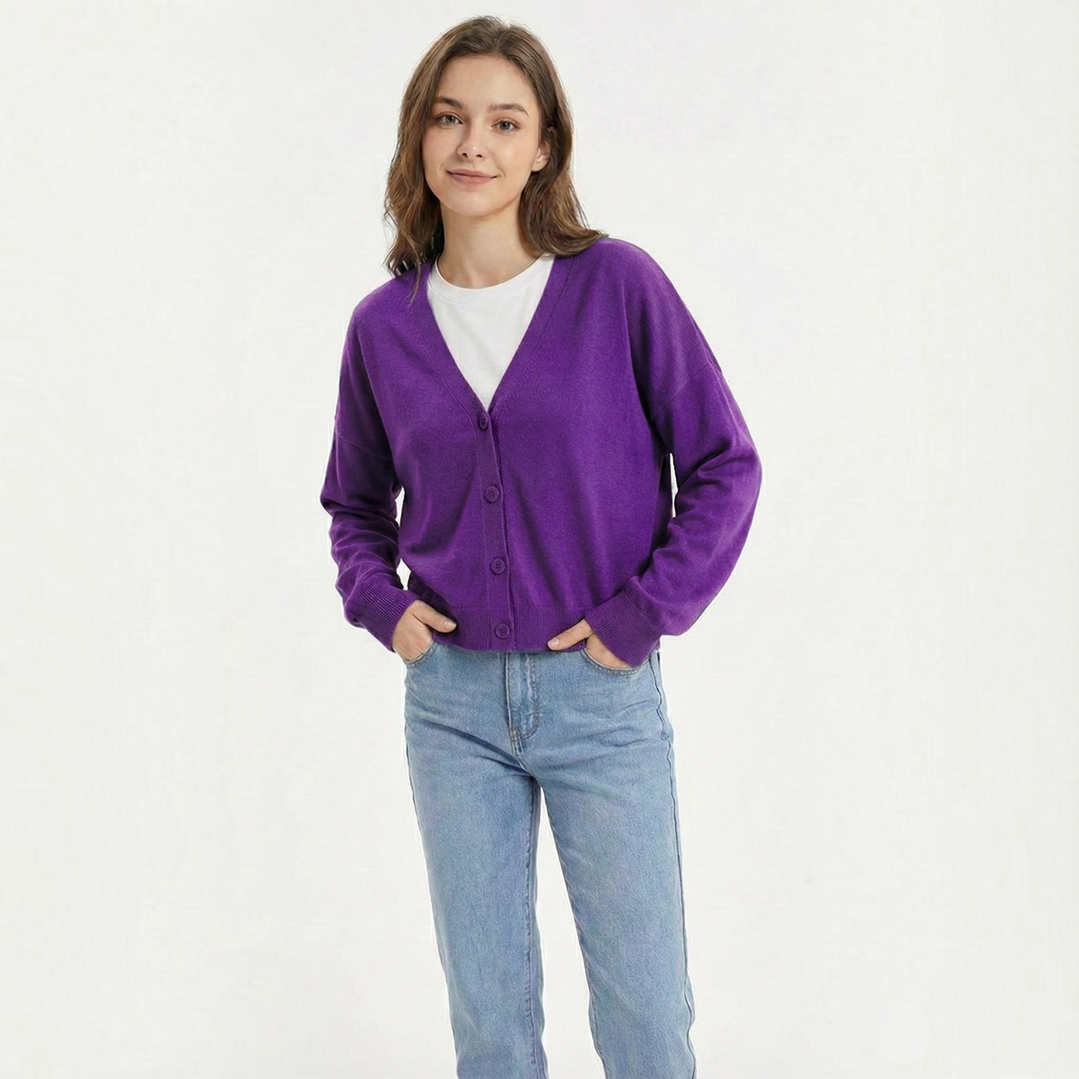 Button-Front Cardigan with Textured Knit and Relaxed Fit, Hip-Length Long Sleeve