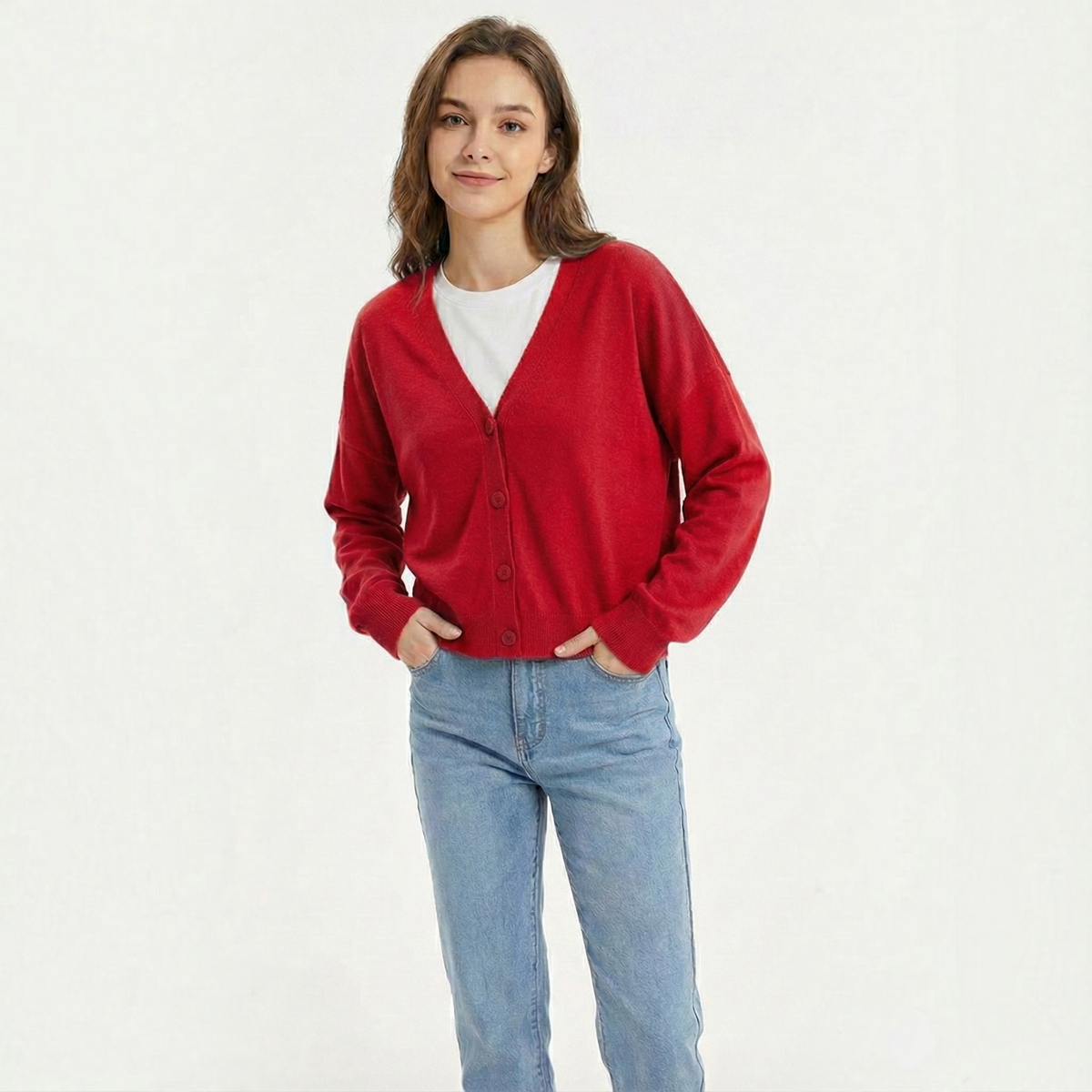 Button-Front Cardigan with Textured Knit and Relaxed Fit, Hip-Length Long Sleeve