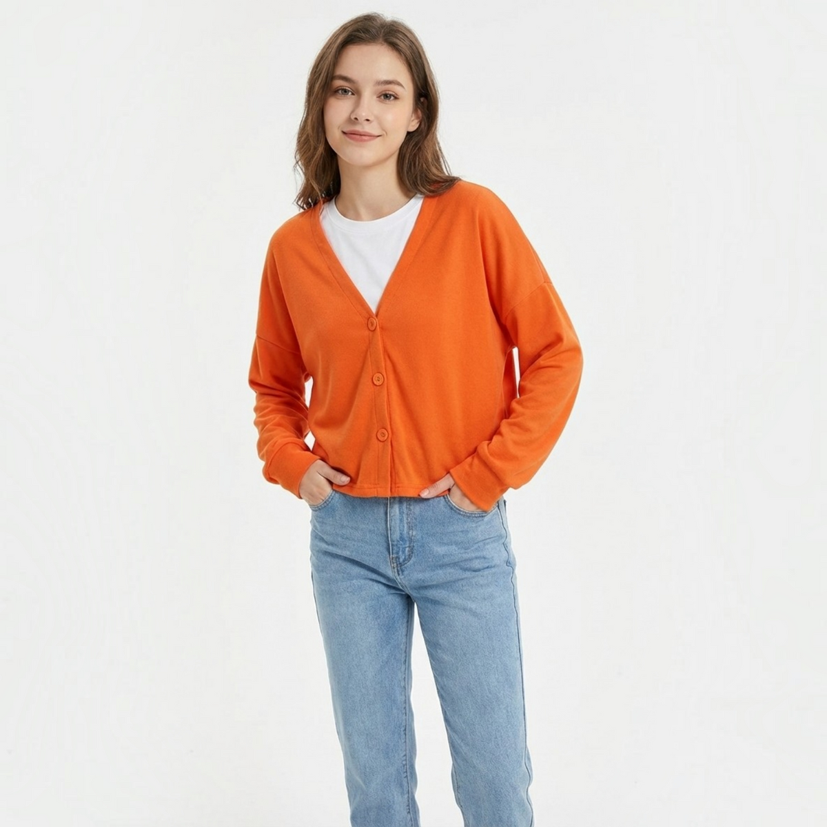 Button-Front Cardigan with Textured Knit and Relaxed Fit, Hip-Length Long Sleeve