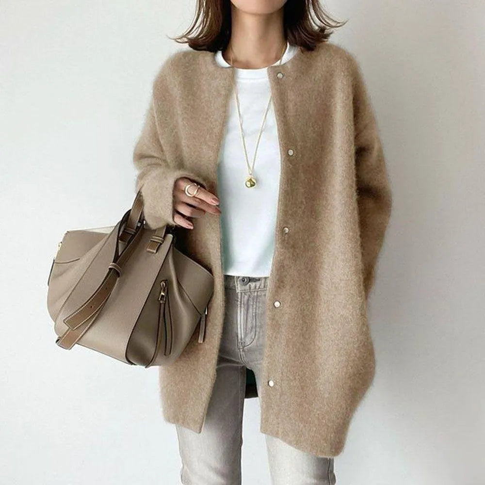 Longline Oversized Knit Cardigan with Button Front and Textured Fabric