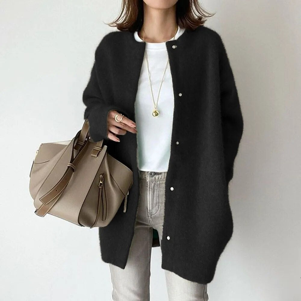 Longline Oversized Knit Cardigan with Button Front and Textured Fabric
