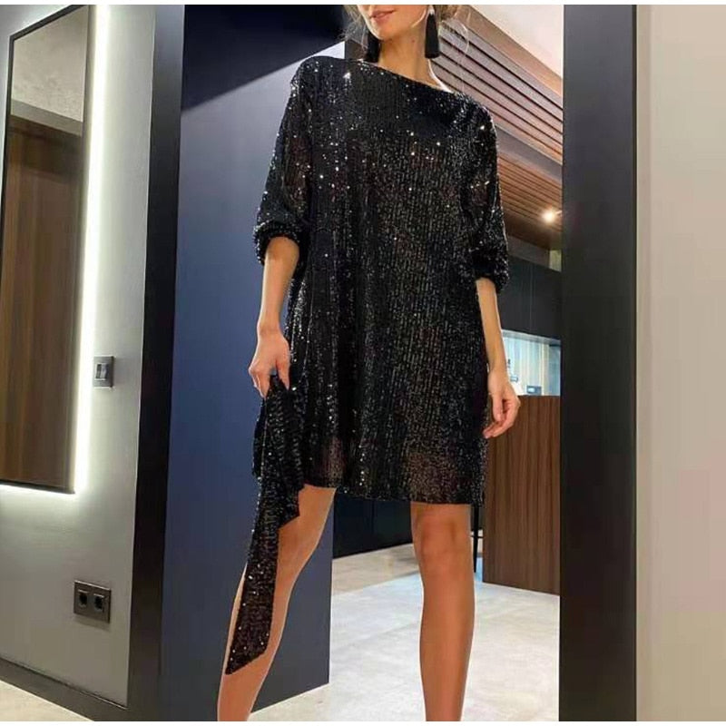 Sequin Mini Dress with Long Sleeves and Self-Tie Belt, Boat Neck