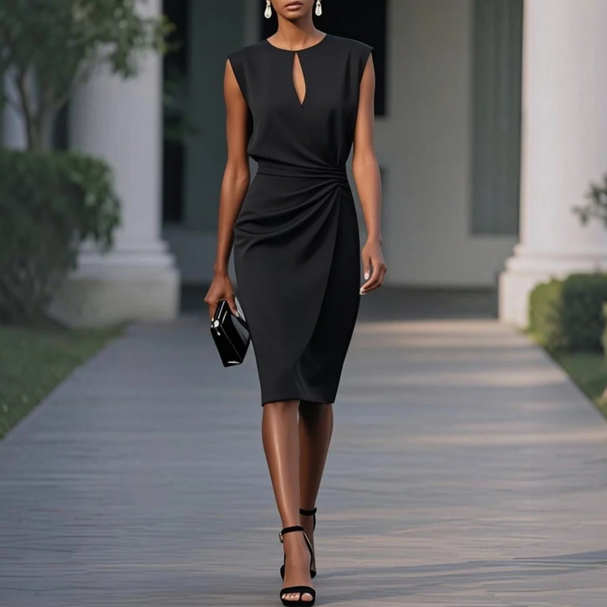 Sleeveless Midi Dress with Tailored Sheath and Partial Lining, Lightweight Stretch Fabric