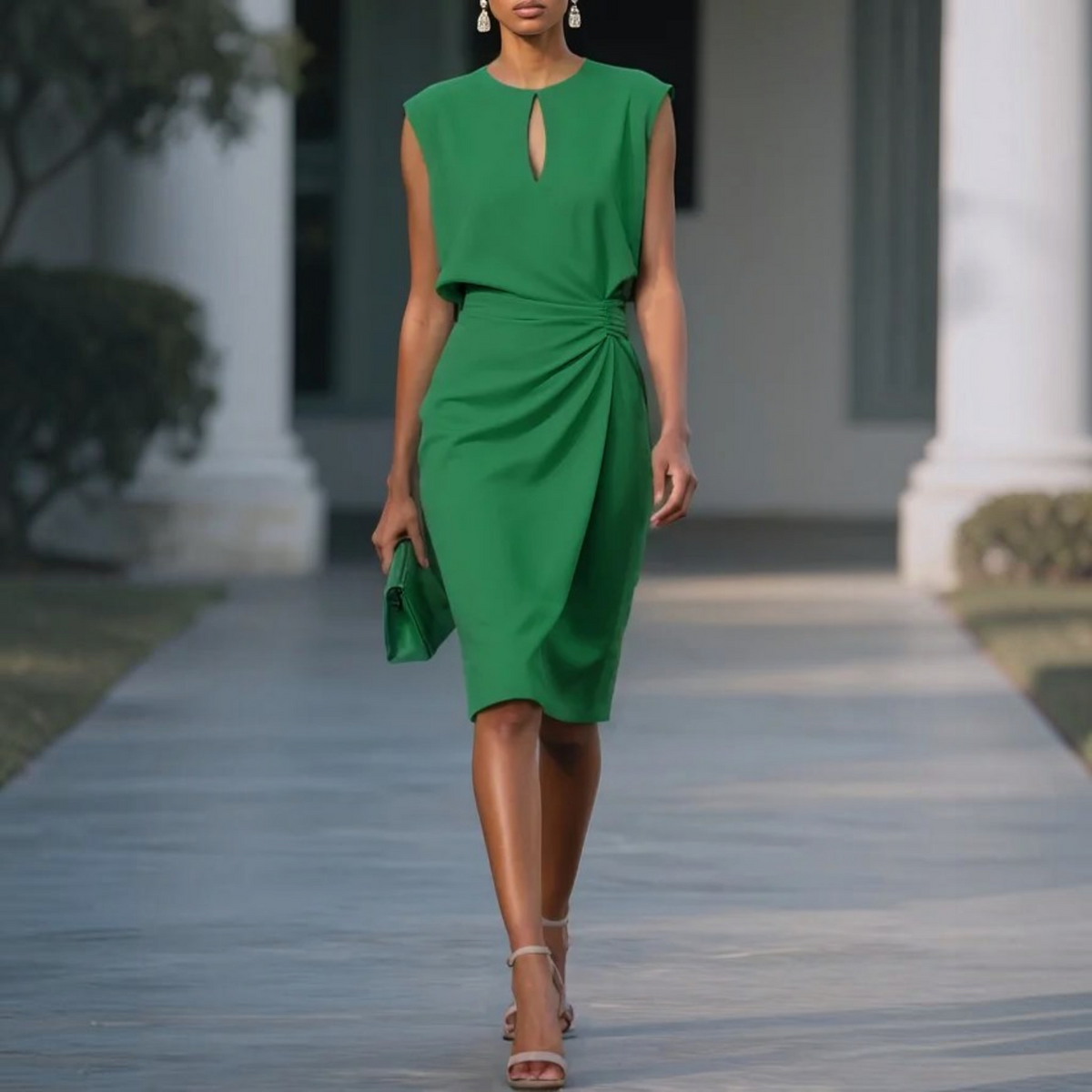 Sleeveless Midi Dress with Tailored Sheath and Partial Lining, Lightweight Stretch Fabric