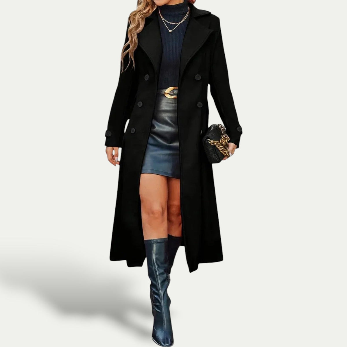 Double-Breasted Longline Coat, Structured Shoulders for Women