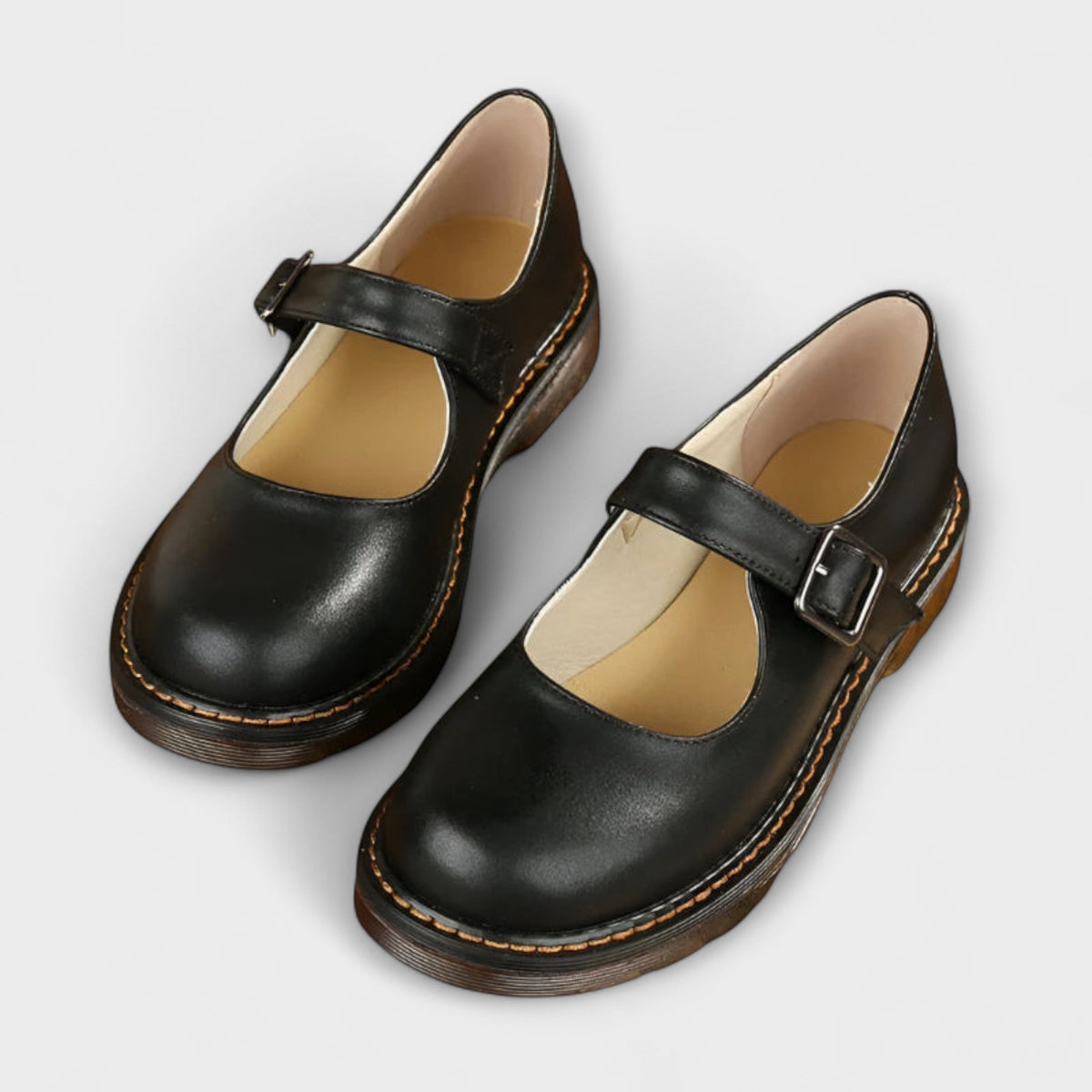 Womens Round Toe Mary Jane Flats with Adjustable Buckle Strap and Cushioned Low Heel